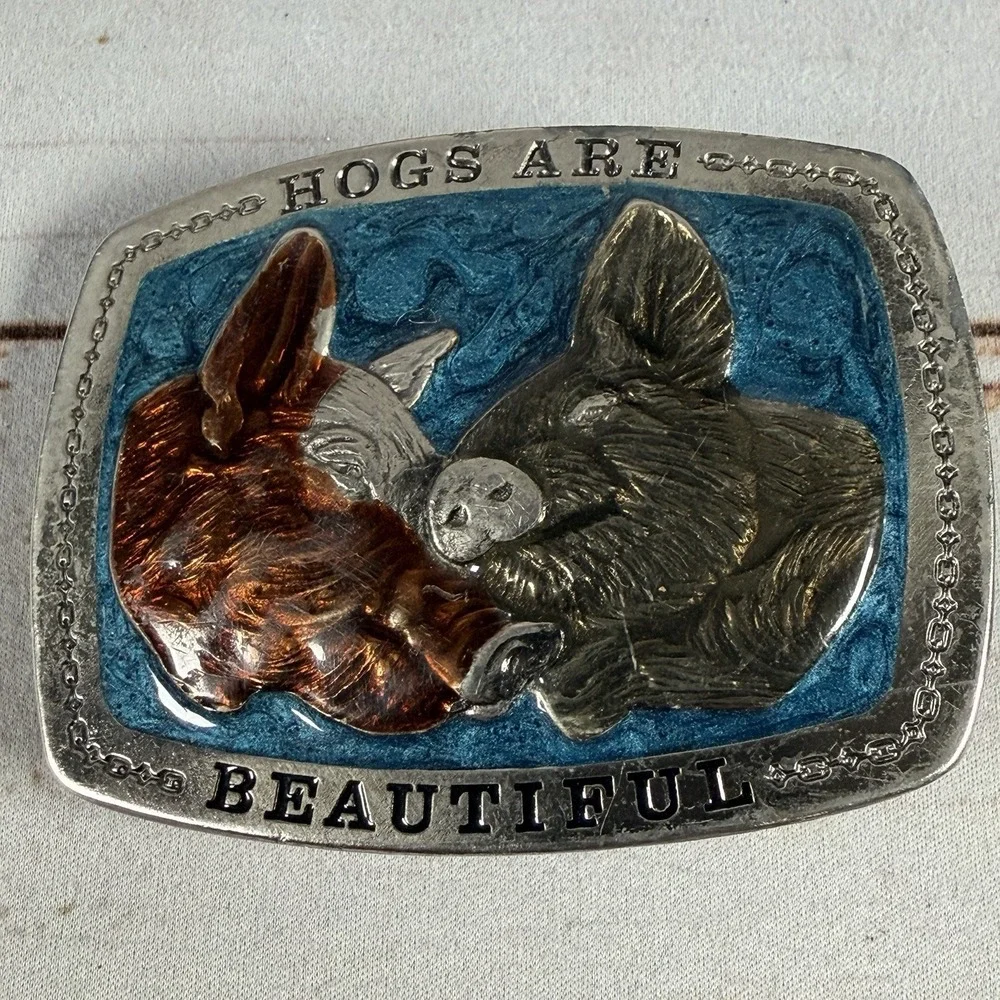 1979 Great American Buckle Co Hogs Beautiful Enamel Belt Buckle Vintage